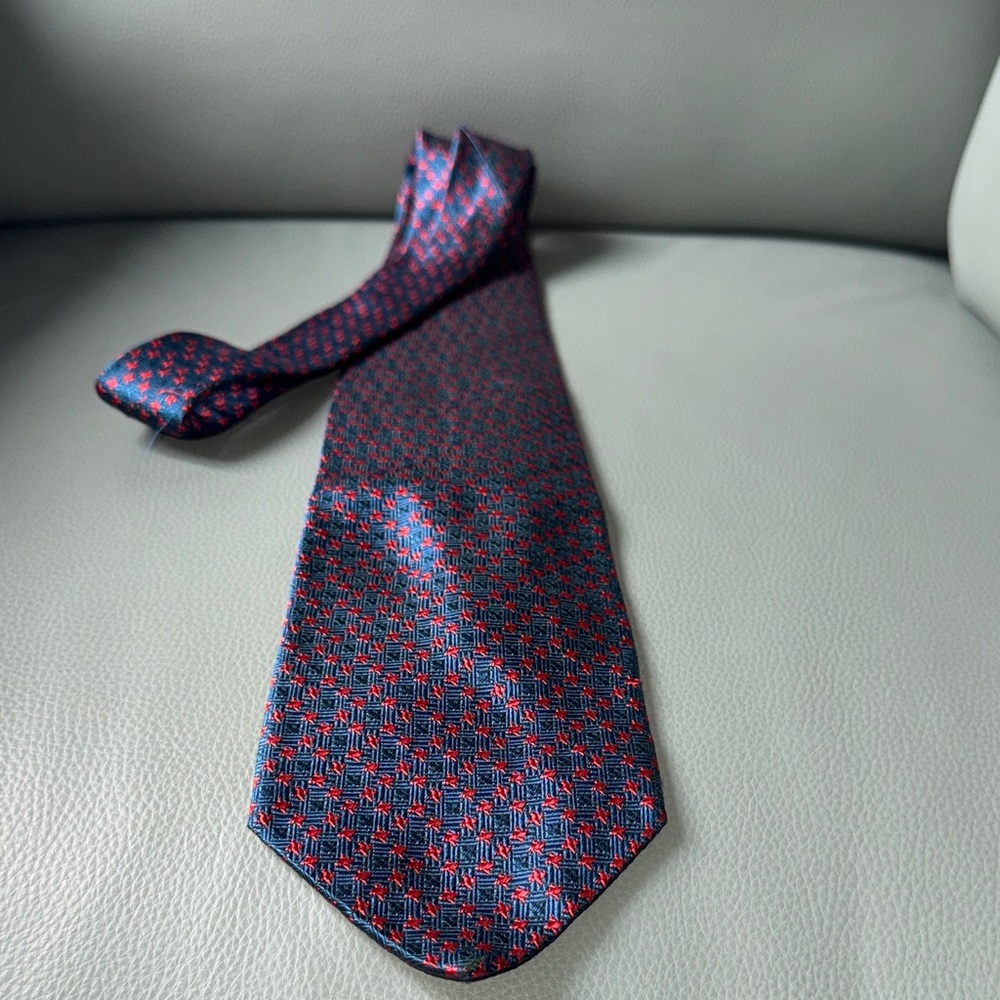 Classic Navy Tie with Red Geometric Motif